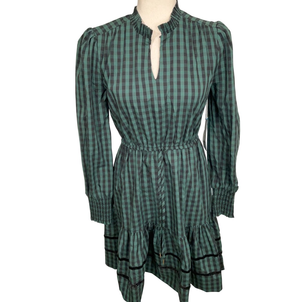 Draper James RSVP Dress Womens XS Green Black Gingham Tiered Ruffles Prairie